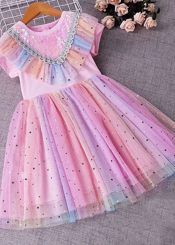 Holiday Special Offers New Pink Sequins Wrinkled Patchwork Tulle Kids Girls Rainbow Dress Summer