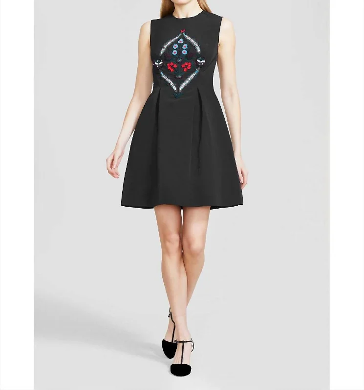 Women's Occasion Wear Clothes Embroidered Faille Betsy Dress In Black
