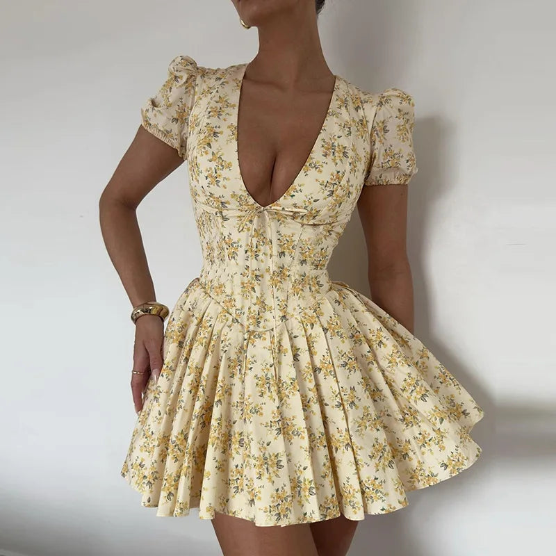 Seasonal Sale Elegant Puff Sleeve Corset Mini Dress