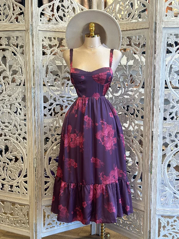 Top 10 Women's Online Clothing Stores Dark Purple Floral Fit and Flare Dress- Not Stretchy, No Estira