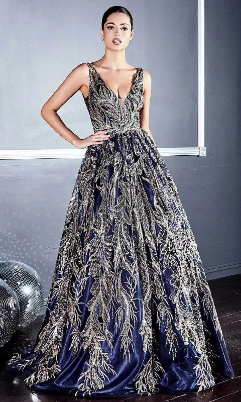 Unleash Your Trendy Side Ladivine J812 - Leaf Appliqued V-Neck Prom Gown