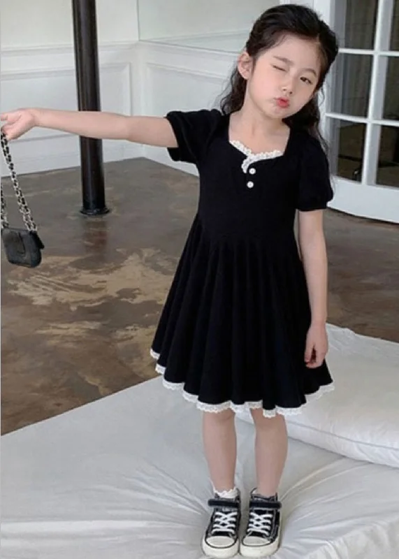 Edgy Fashion Unique Black Square Collar Lace Patchwork Button Cotton Girls Party Maxi Dress Short Sleeve