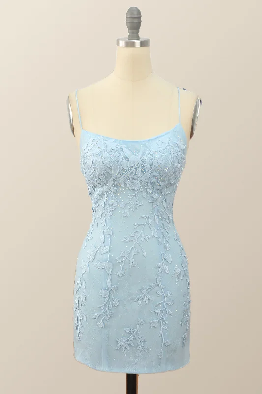 Eclectic Fashion Light Blue Lace Straps Tight Mini Dress