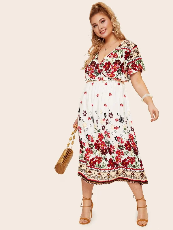 Stupidly Low Prices Plus Surplice Front Floral Print Dress