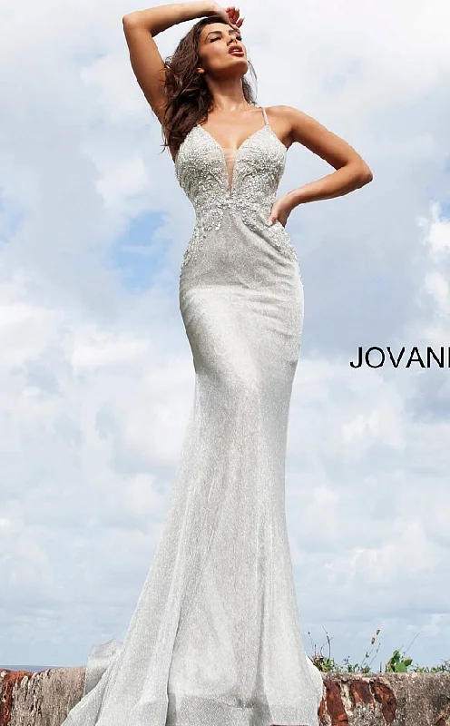 Bold Prints Casual Chic Jovani JVN03167 Silver Lace Plunging Neckline Prom Dress Evening Gown Party Formal size 8