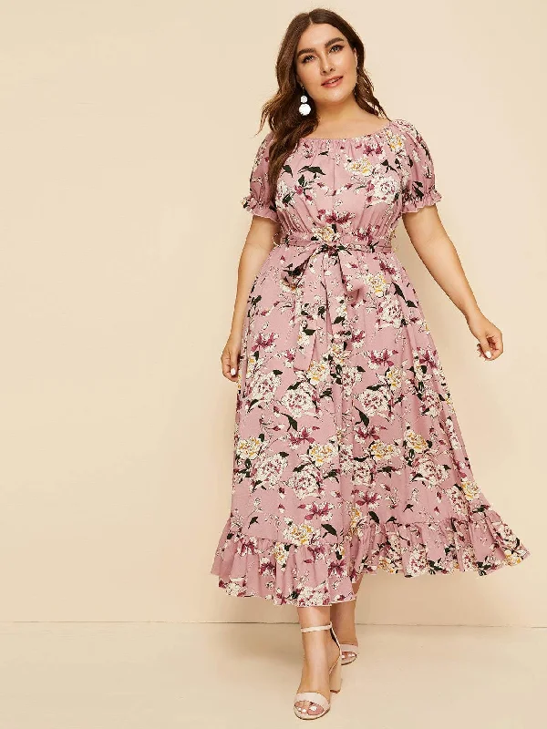 Browse Our Top Products  Plus Ruffle Hem Floral Print Belted Dress