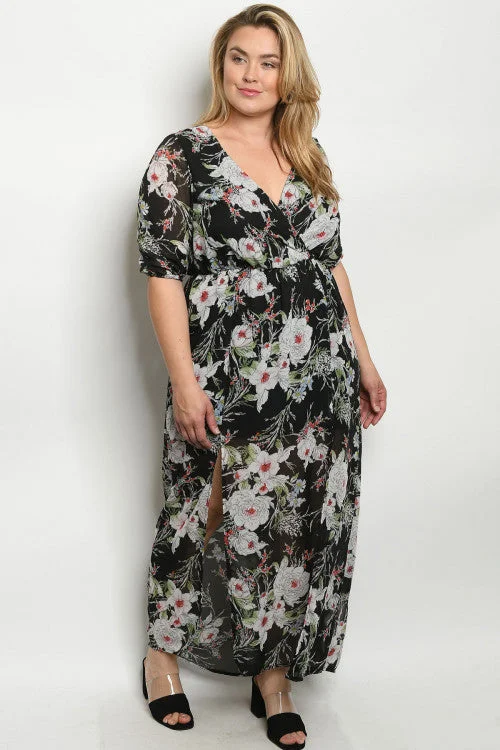 Chic Wardrobe Black Floral Chiffon Plus Size Maxi Dress