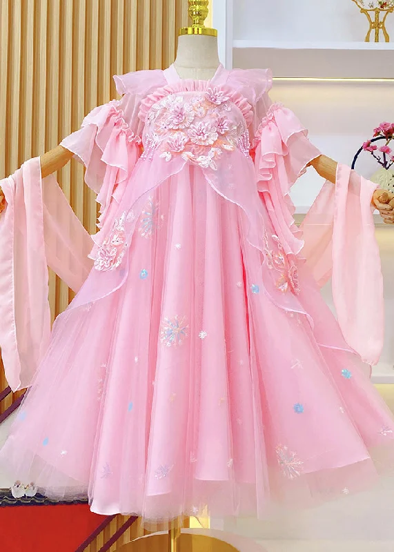 Summer Sale Boho Pink Embroideried Ruffled Tulle Kids Girls Long Dresses Summer