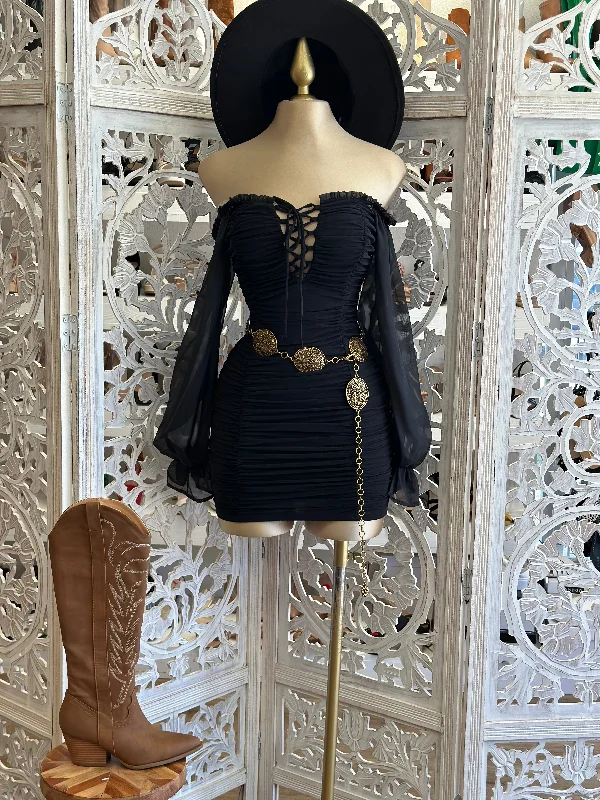 Elegant Fashion Offers Black Tie Up Boho Sleeve Mini Dress