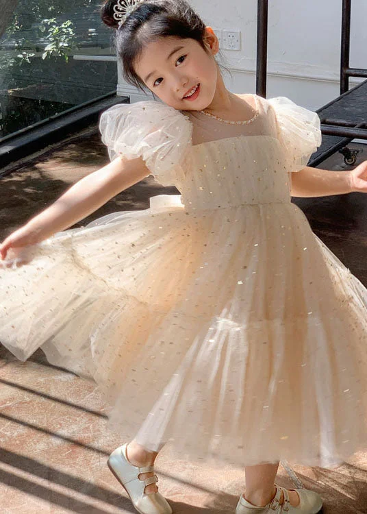 Weekend Sale Beautiful Apricot Wrinkled Sequins Patchwork Tulle Kids Girls Dresses Summer