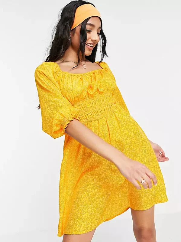 Budget-Friendly Fashion Women's Shirred Bust Puff Sleeve Mini Dress,Orange
