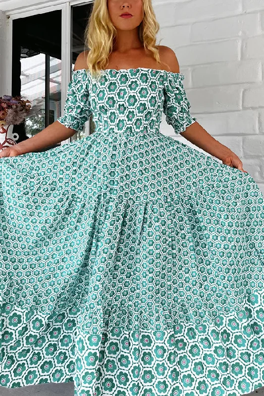 Comfort First Women's Fashion Floral Print Off-the-shoulder Puff-sleeve Pleated Maxi Dress