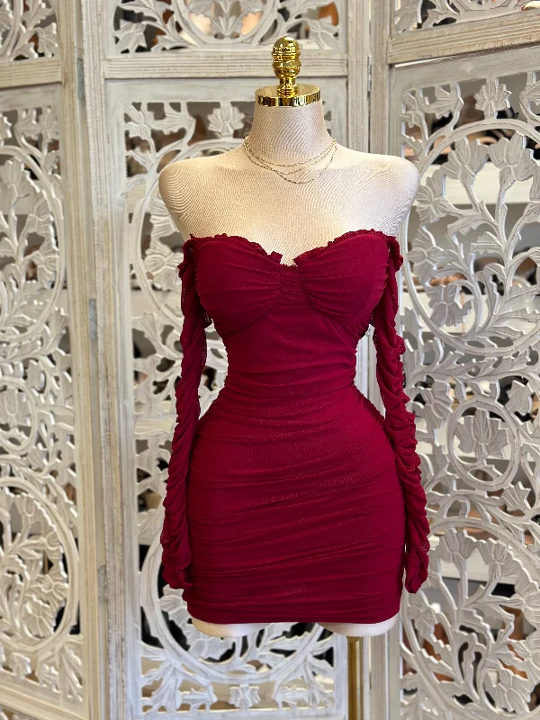 Shop Sale Items Burgundy Ruched Sleeve Mini Dress - Estira, Stretchy