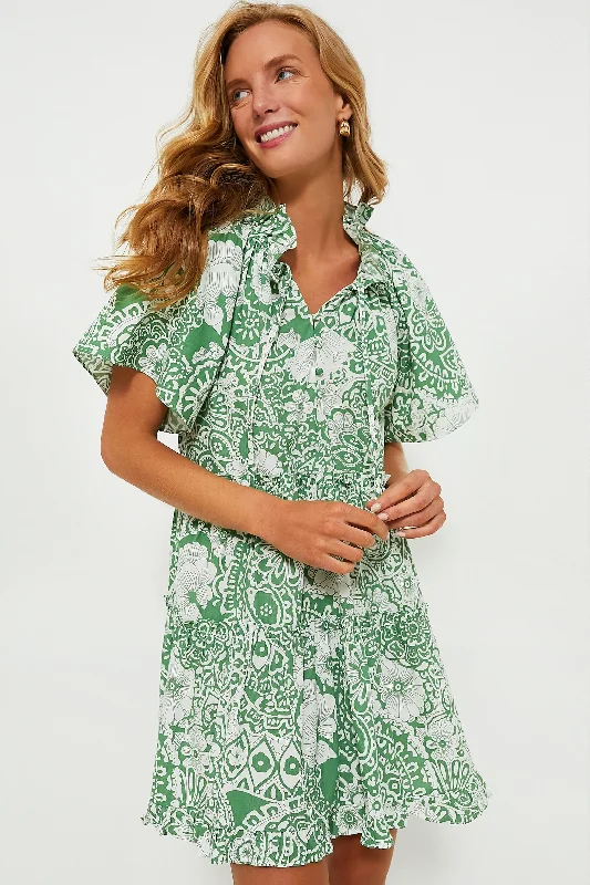 End-Of-Season Clearance Green and White Tiered Thea Mini Dress