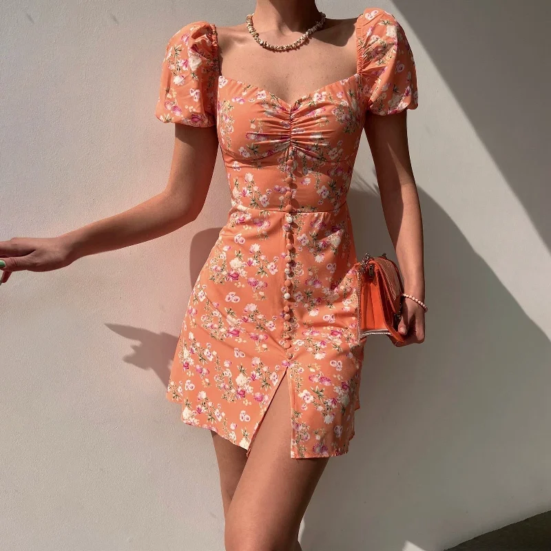 Flash Discount JuliaFashion-Floral Print Pleated Slim Fit Boho Dress