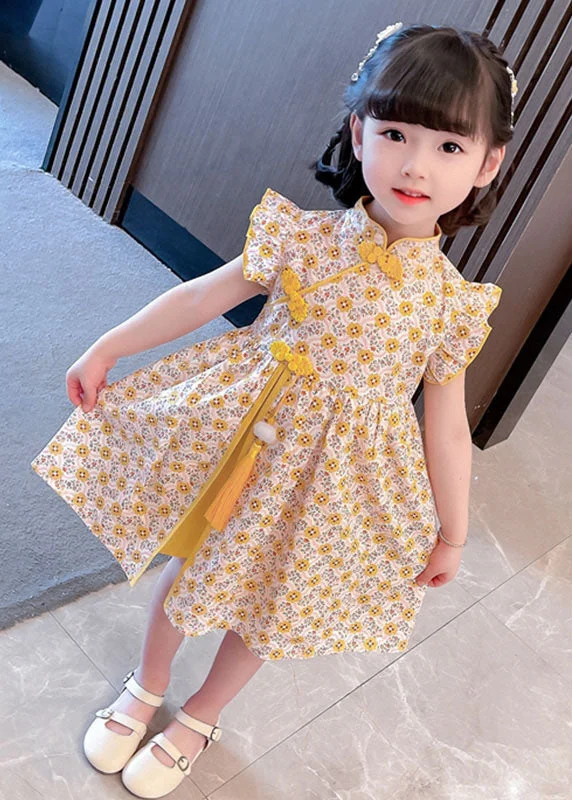 Classic Women's Fashion Unique Yellow Tasseled Print Patchwork Cotton Baby Girls Dresses Summer
