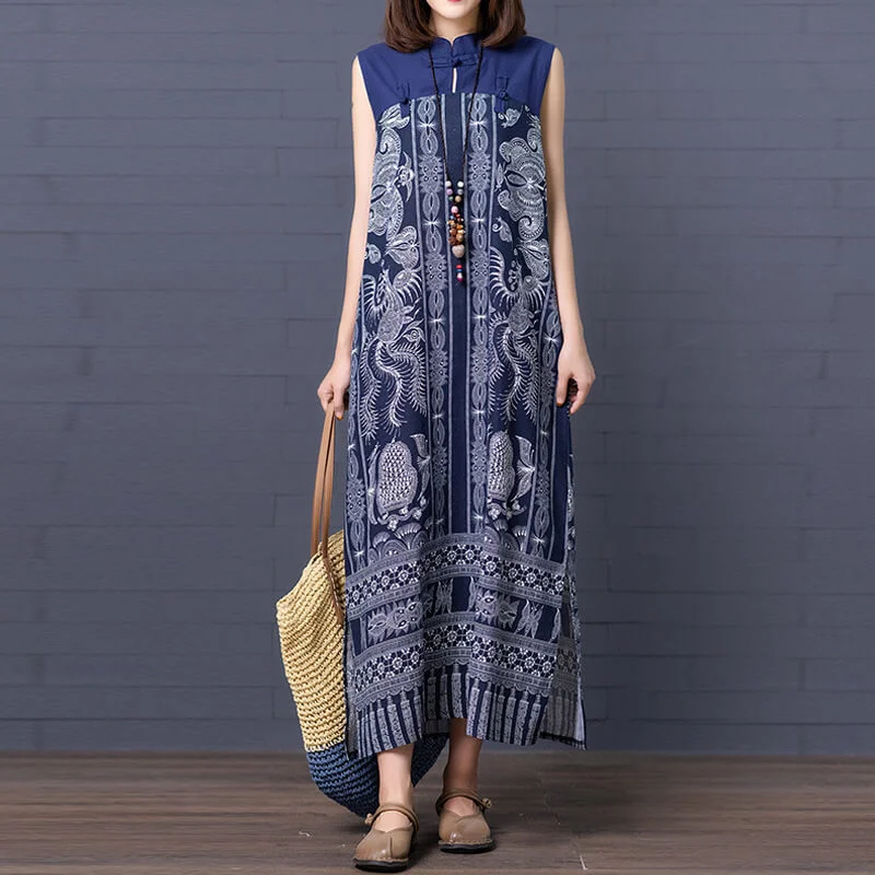 Online Clothing Stores Babakud Plus Size - Summer Floral Printed Linen Blue Dress