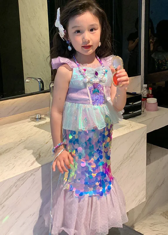 Flash Discount Chic Purple Ruffled SequinsPatchwork Tulle Baby Girls Fish Tail Dress Summer