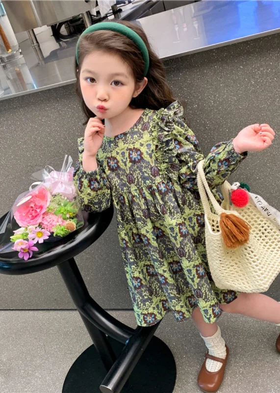 Eclectic Fashion Classy Green Ruffled Patchwork Girls Maxi Dress Long Sleeve
