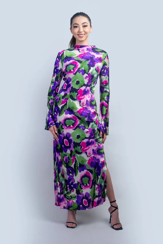 Hot Sale Floral Bias Mock Nk Dress