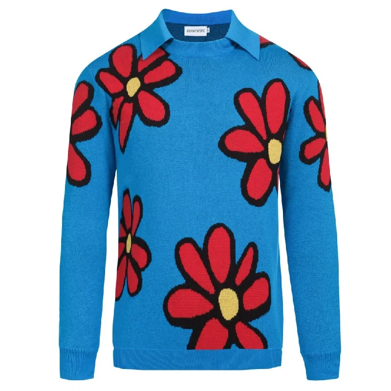 Feminine Dresses for Women in Bold Prints Men's blue floral knit crew neck polo shirt