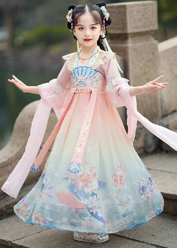 Bundle Offer Gradient Color Print Lace Patchwork Tassel Girls Holiday Long Dress Summer