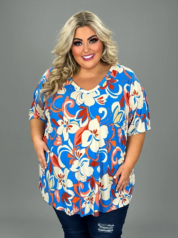 Glamorous Evening Wear 80 PSS-A {Floral Attitude} Blue Floral V-Neck Tunic CURVY BRAND!!!  EXTENDED PLUS SIZE 4X 5X 6X (May Size Down 1 Size}