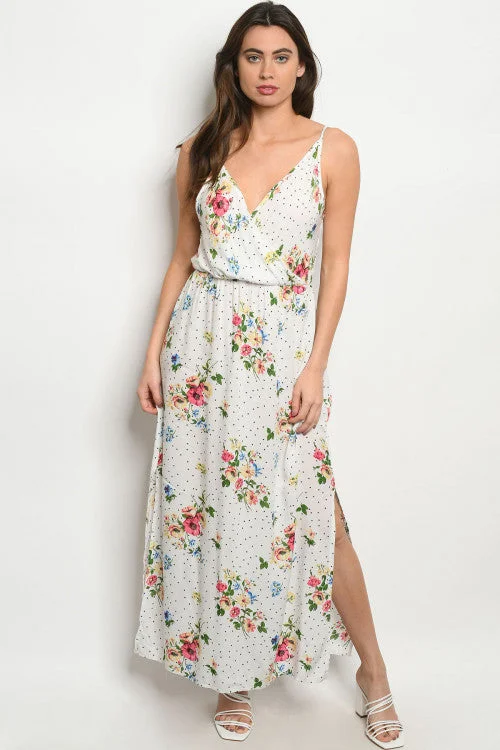 Everyday Fashion White Floral Polka Dot Maxi Dress