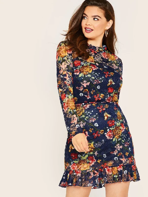 Explore What'S New  Plus Floral Print Lace Overlay Ruffle Hem Dress