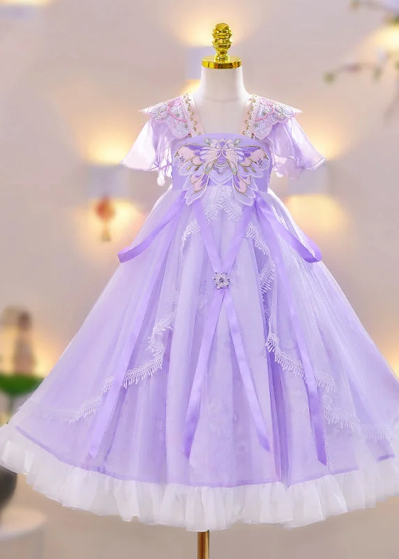 Best Boutiques Online Chic Purple Embroideried Tassel Lace Patchwork Tulle Girls Maxi Dress Summer