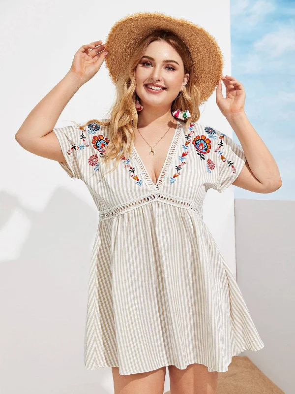 Weekend Exclusive Plus Striped Floral Embroidery V-Neck Dress