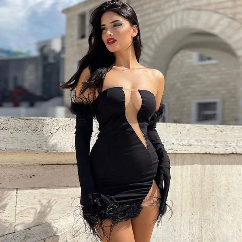 Chic & Cozy Collection Alluring Sheer Mesh Trim Glove Bandeau Party Mini Dress - Black