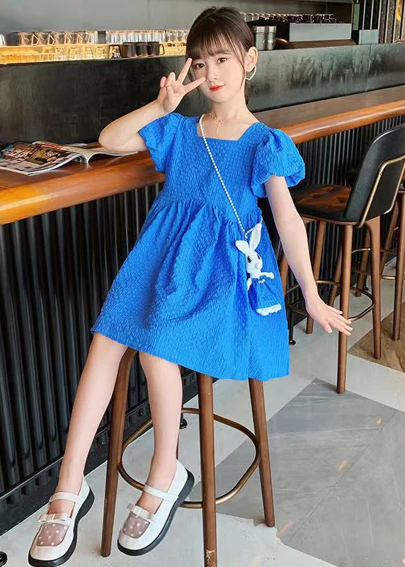 Exclusive Online Sale Casual Blue Puff Sleeve Bow Rabbit Cotton Kids Girls Long Dress Summer