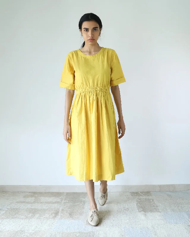 Classic Women's Fashion Yellow Elasticated Waist Dress