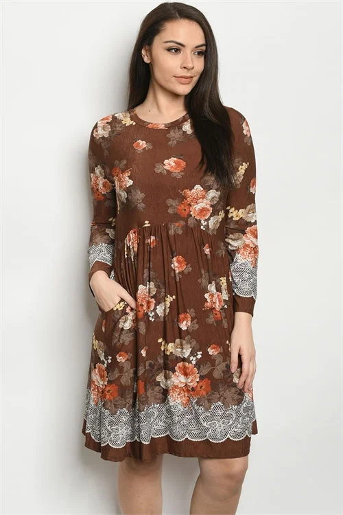Modern Casual Clothing Brown Floral Plus Size Dress