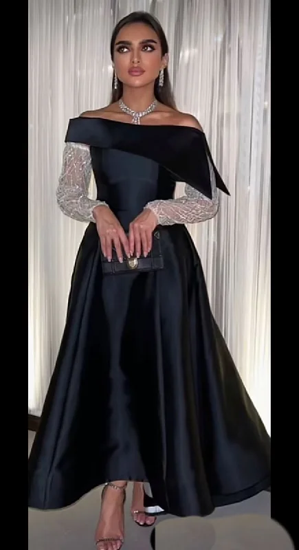 Day-To-Night Styles Black A Line Boat Neck Evening Dresses Beads Long Sleeve Floor Length Satin Saudi Arabia Formal Wedding Party Gowns Y4630