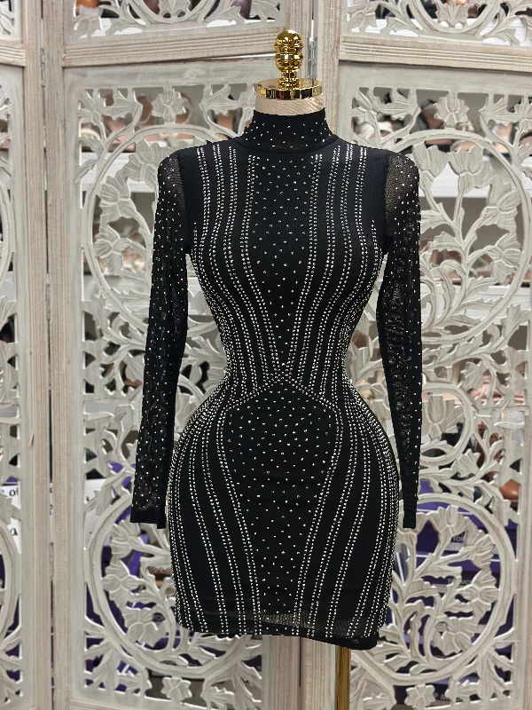 Browse Our Top Products Geometric Black Rhinestone Mini Dress- Slightly Stretchy,Estira Poco