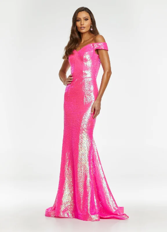 Online Boutiques Affordable Ashley Lauren 11109 Size 16 Neon Off the shoulder sequin prom dress pageant gown