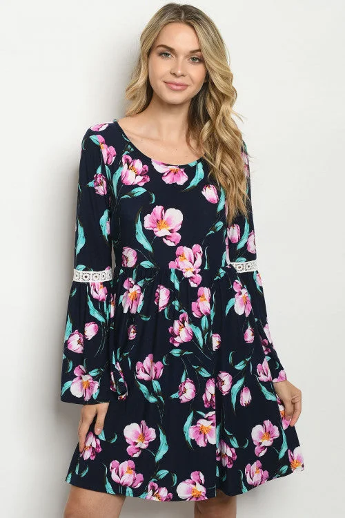 Chic & Cozy Apparel Navy Blue Floral Bell Sleeve Dress