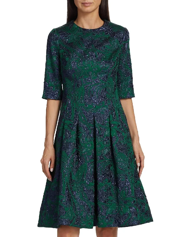 Women's Professional Clothes Elbow Sleeve Jacquard Print Box Pleat Dress In Green/navy