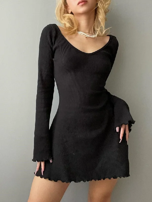 New In This Season BerriesJam - Casual Frill Long Sleeve Black Mini Dress