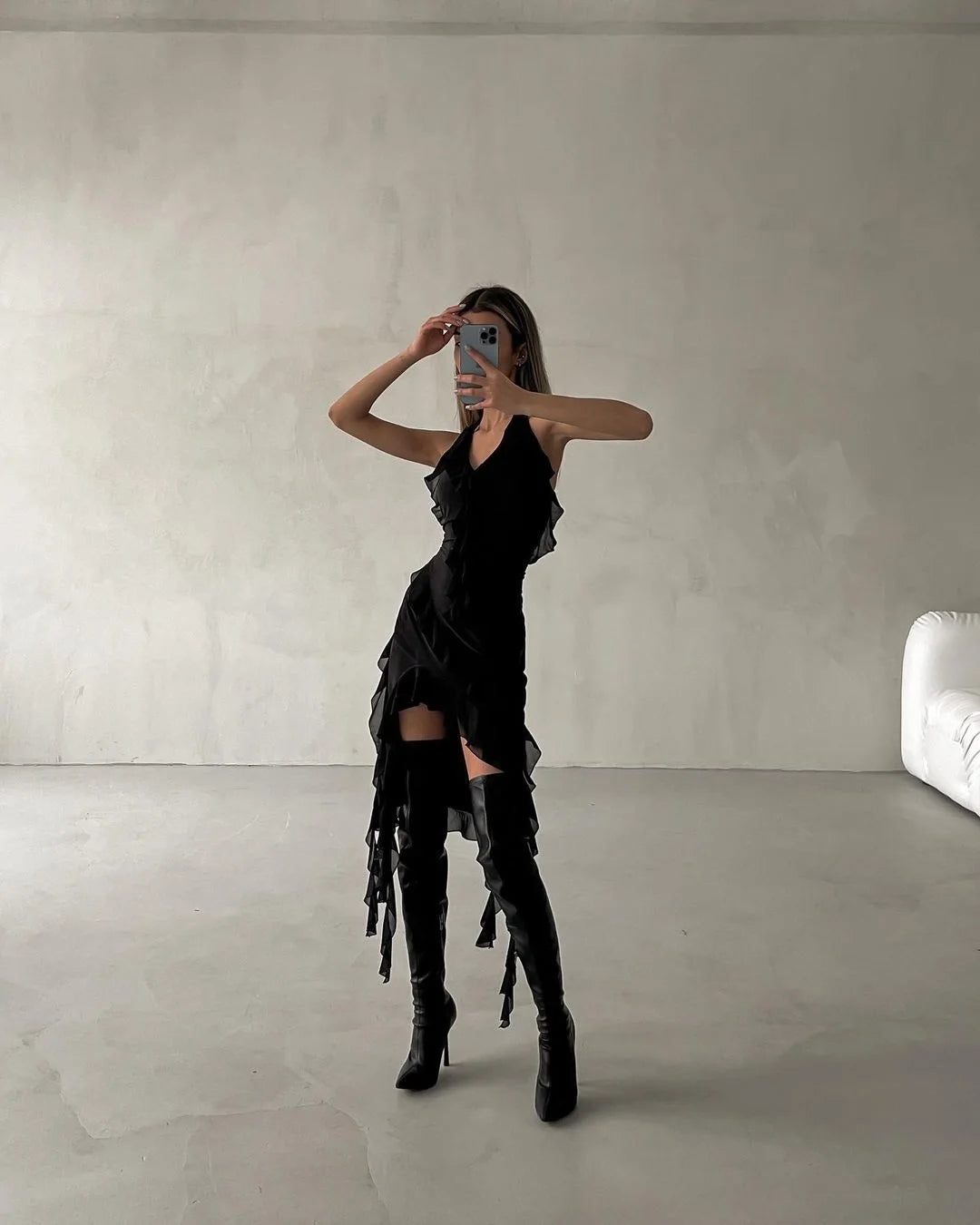 Chic Styles Ruffle Halter V-Neck Sleeveless Mini Dress