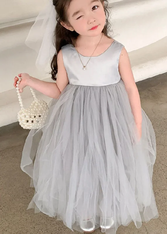 Trendy Fashion For Women Cute Grey O Neck Wrinkled Patchwork Tulle Baby Girls Party Dress Sleeveless