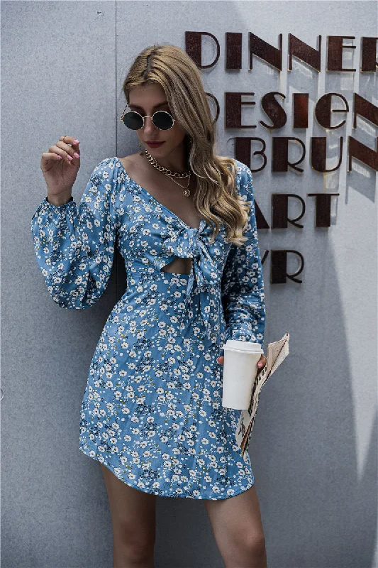 Exclusive Women’s Fashion Collection Springsteen Floral Tie Front Cutout Dress - Blue
