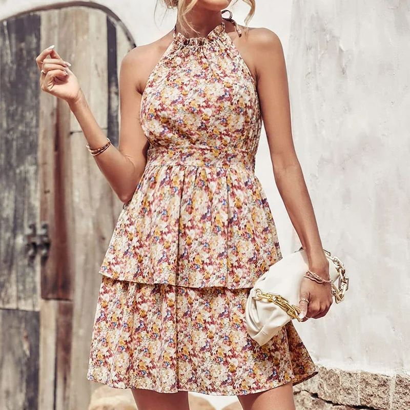 Women’s Outerwear for All Weather Conditions JuliaFashion-Floral Print Backless Sleeveless Vintage Boho Dress