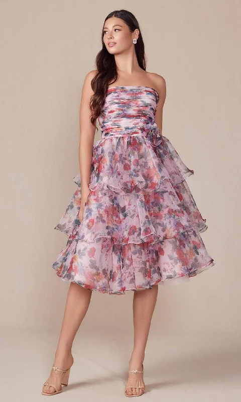 Seasonal Trends Nox Anabel Q842 - Strapless Floral Printed Knee-Length Dress