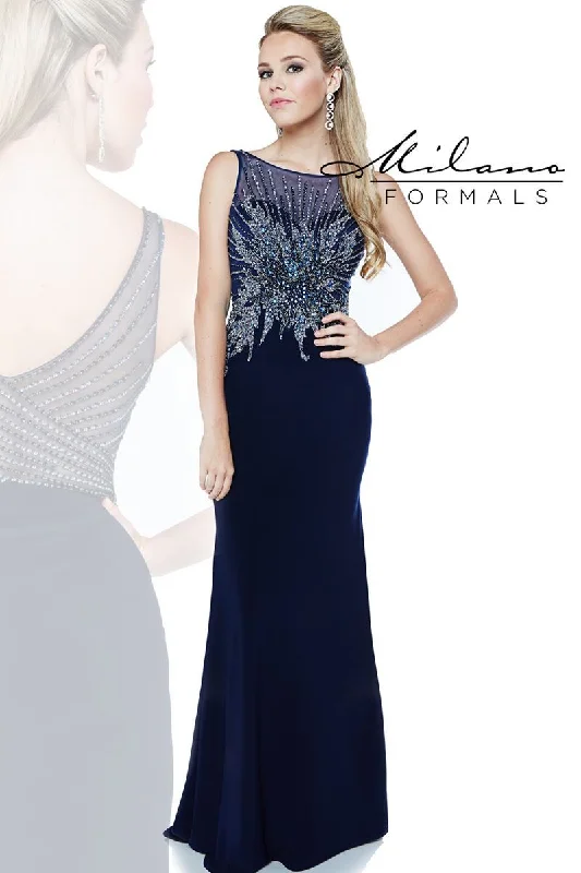 Mega Sales Milano Formals 1862 Size 2, 4 Navy beaded formal Dress Evening Gown high neck