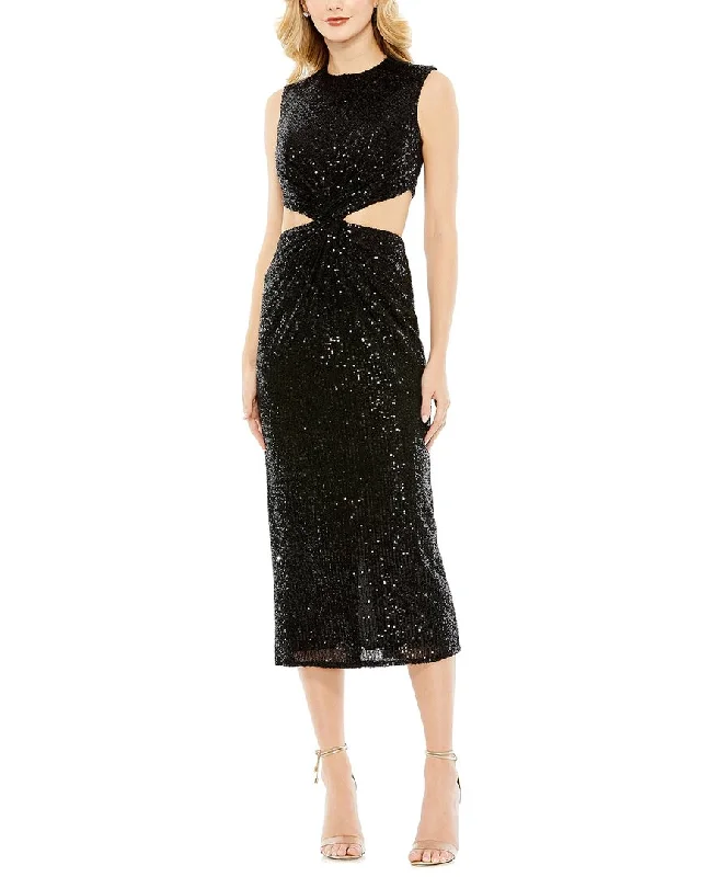 Women's Vacation Outfit Set Mac Duggal Sequin Front Twist Cut Out Column Dress
