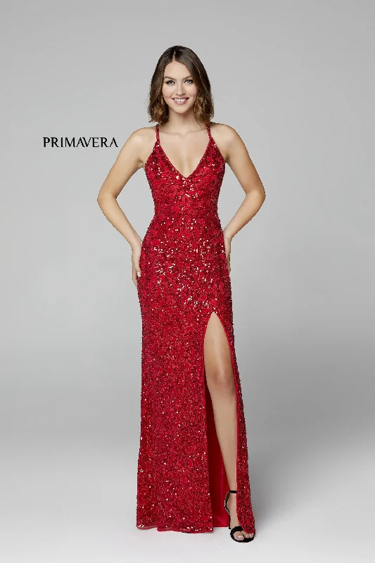 Shop Ladies Clothes Primavera Couture 3295 Red Size 10 Prom Dress V Neckline Sequins Backless Slit Formal Evening Gown