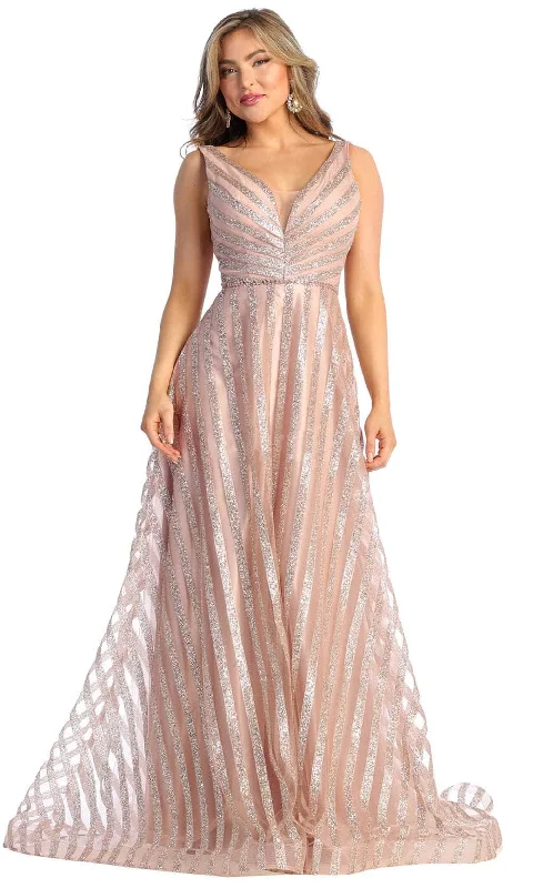 Trendy Online Boutiques May Queen RQ7945 - Stripe Glittered A-line Gown
